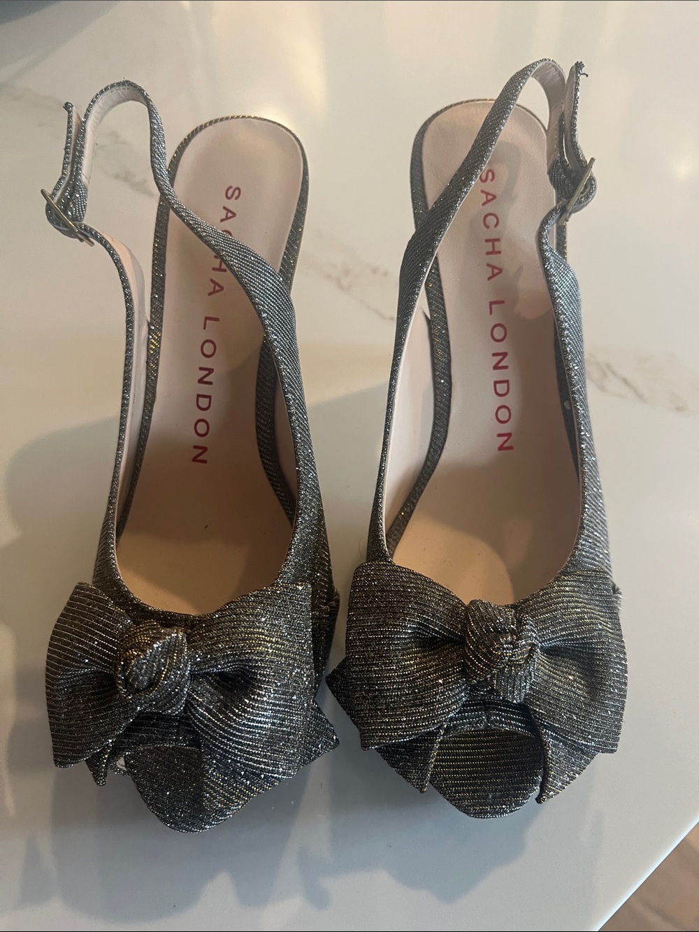 Sacha London Metallic Silver Bow Slingback Heels